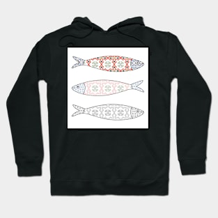 Traditional Portuguese icon. Colored sardines with typical Portuguese tiles patterns. Vector illustration Hoodie